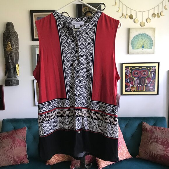 LIZ CLAIBORNE size L Red Black White Print Sleeveless Button Front Tank Top NWT - Picture 1 of 5